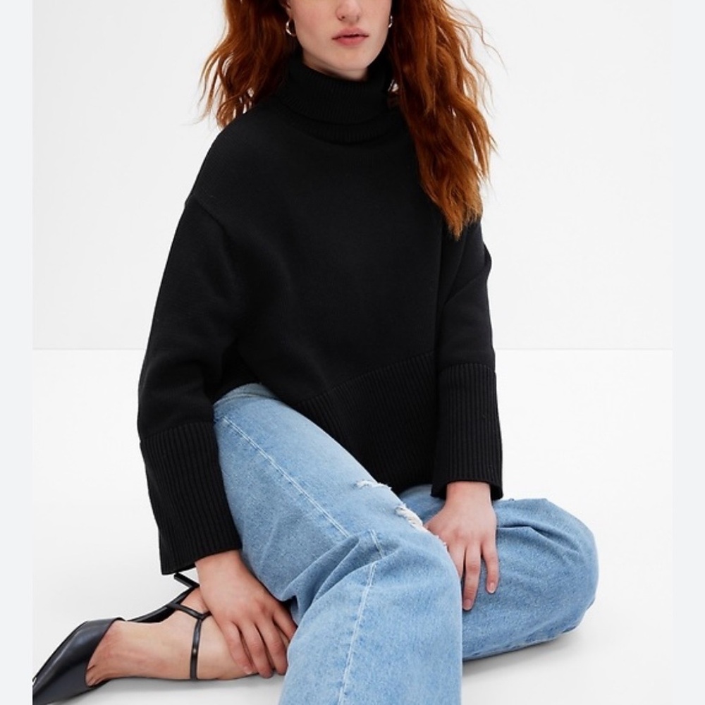 GAP‎ Women Black 100% Cotton Ribbed 24/7 Split-Hem Turtleneck Sweater Size Small